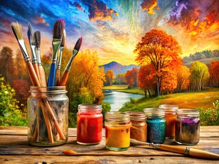 A vibrant landscape painting bursts with color, showcasing paint jars, brushes, and nature's beauty.