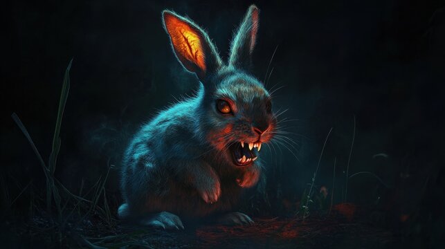 Glowing-eyed, angry rabbit in dark environment.