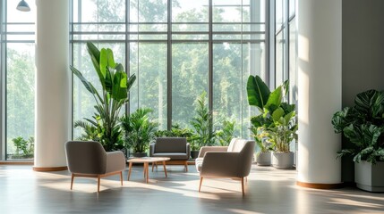 Modern Lounge with Chairs and Indoor Plants by Large Windows