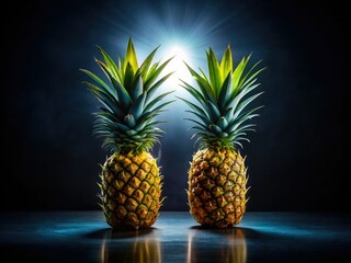 Backlit pineapple halves, silhouetted against a dark background, juicy and ripe, evoke summer's tropical sweetness.