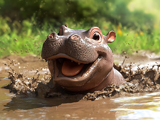 Fototapeta premium baby hippopotamus enjoying the mud on a sunny day, its joyful expression and vibrant earthy tones creating a visually appealing scene