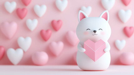 Obraz premium A cute cat figurine holding a heart, surrounded by pink and white hearts against a soft pink background, perfect for expressing love and affection.