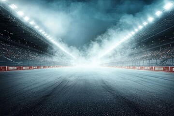 A 3D render of an empty race track arena illuminated by spotlights.