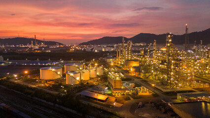 Oil Refinery plant at sunset. Gas Chemical Equipment Prodiction import export Concept, Crude Oil...