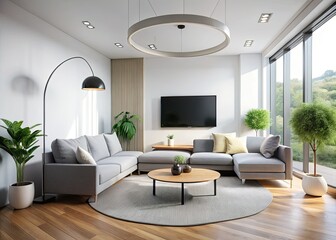 Fototapeta premium Clean lines define this minimalist living room: white walls, circular sofa, modern couch, black screen TV.