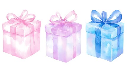 Obraz premium A set of three watercolor gift boxes in varying sizes, painted in pastel tones with intricate ribbon details, soft shadow accents for a three-dimensional look, isolated on white, the mood is joyful