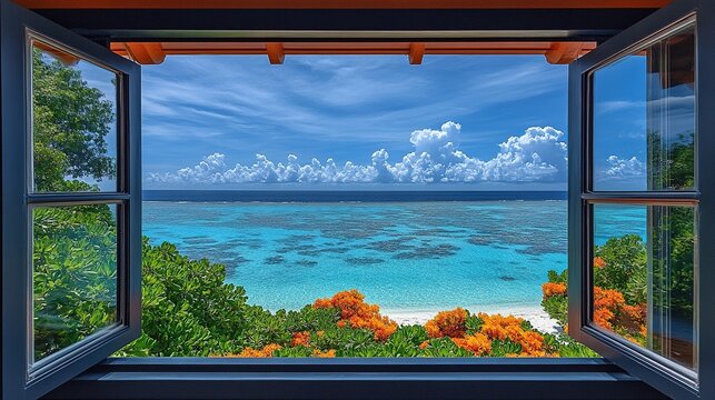 Fototapeta A scenic view from an open window showcasing a vibrant beach and turquoise waters under a bright blue sky.