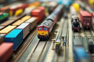 Model Train Set With Locomotives And Cargo Containers