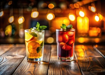 Close-up photography of two refreshing drinks in cocktail glasses on a stylish tabletop setting, perfect for summer parties.