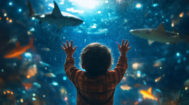 Child mesmerized by sharks at an aquarium exhibit