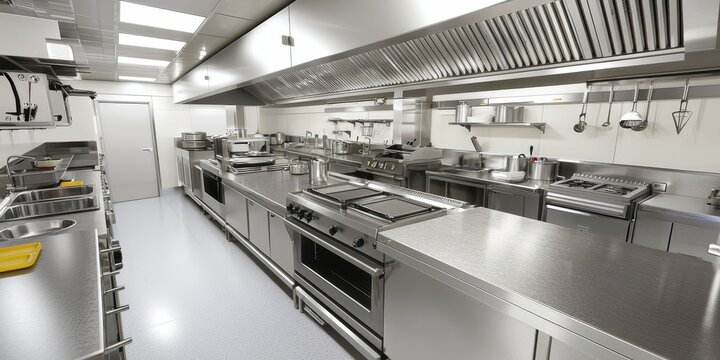 Modern Stainless Steel Kitchen with Professional Equipment and Spacious Cooking Area