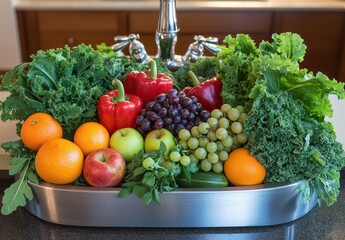 Fresh Colorful Assortment of Fruits and Vegetables in a Modern Kitchen Setting