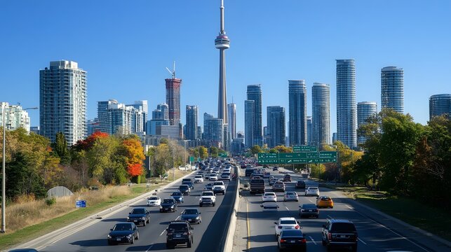 Toronto Skyline Cityscape Autumn Traffic Congestion