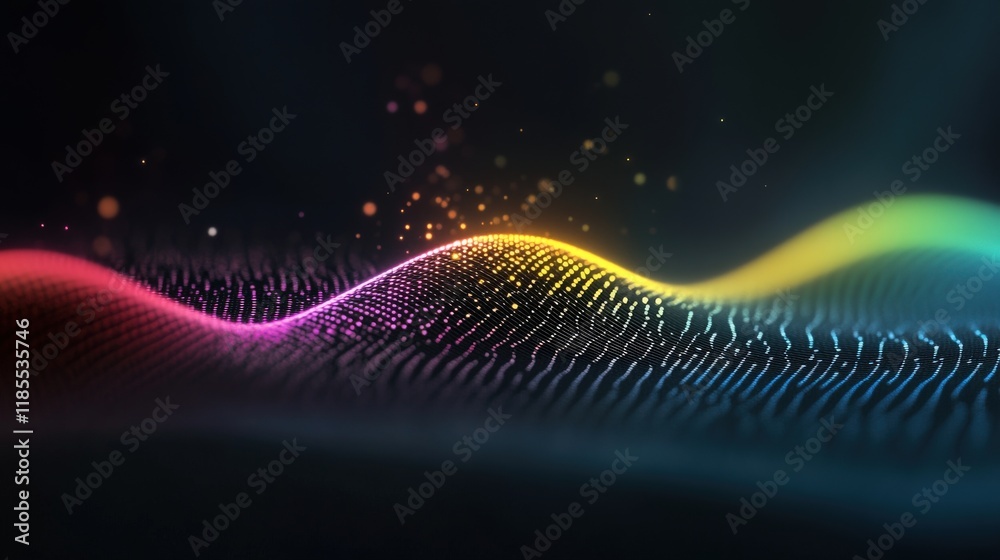Poster Colorful Digital Sound Wave Representation with Particles Emitting Light Against a Dark Background for Visualizing Rhythm and Energy in Music and Audio