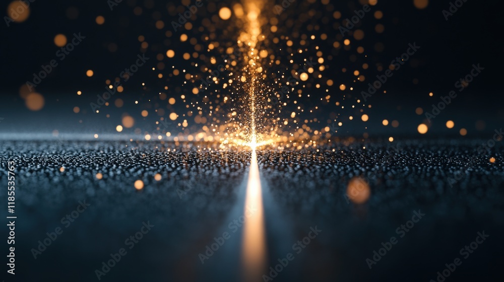 Poster Stunning Abstract Visualization of Glowing Dust Particles Emanating from a Bright Central Line Creating a Mesmerizing Space Atmosphere
