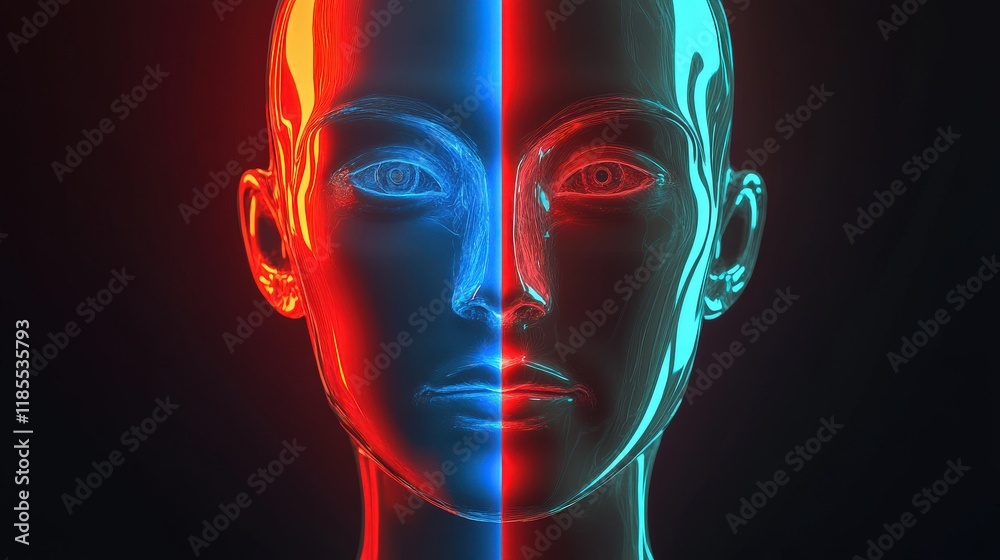 Poster futuristic split face with neon lighting representing artificial intelligence and human emotions in 