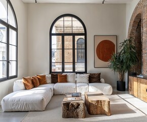 Generative AI, Minimalist living room with arched windows, natural wood furniture, and cloud-like sofas