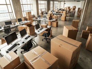 An office space filled with cardboard boxes and computer desks, indicating a move or renovation in progress.