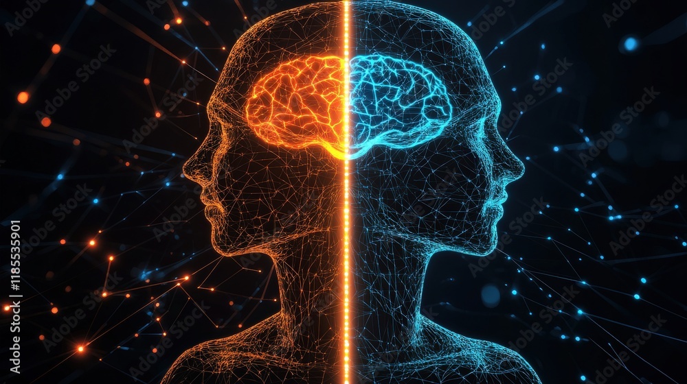 Poster a digital concept representing neural connections and human intellect with divided brain hemisphere 