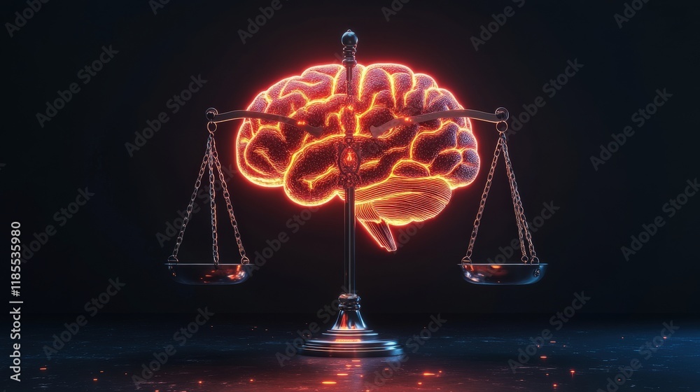 Poster Conceptual representation of brain and scales symbolizing the balance between justice and intellect, showcasing the intersection of law and psychology in a visually striking manner
