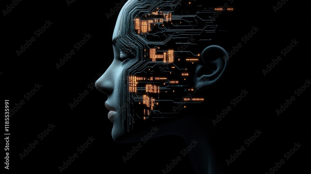 Aufkleber Futuristic Profile of a Human-like Robot with Circuitry on Face Highlighting Advanced Technology and Artificial Intelligence in Dark Setting