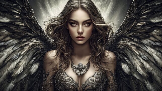 Majestic depiction of an angelic figure with large, beautiful wings.