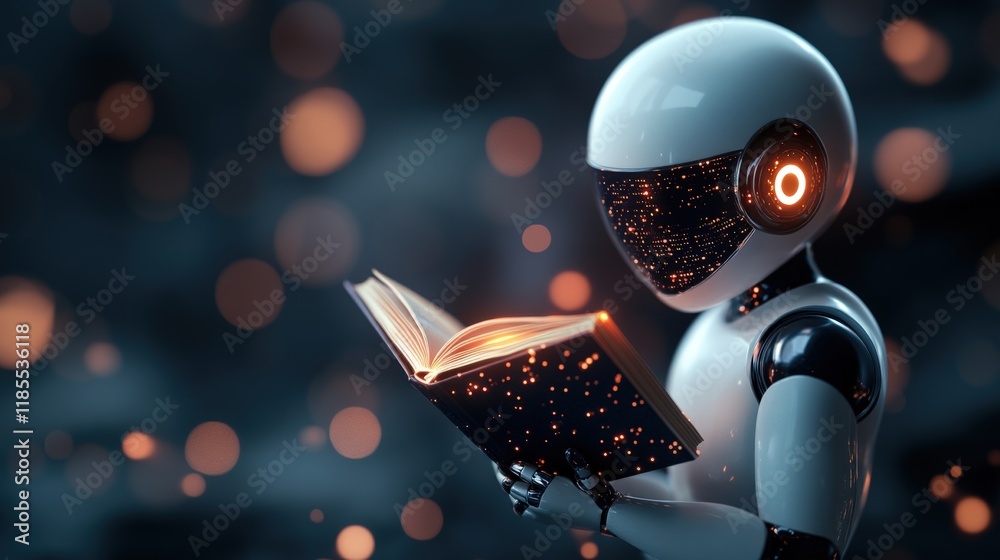 Poster Futuristic Robot Reading a Book Surrounded by Glowing Particles with a Mysterious and High-Tech Atmosphere