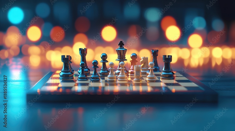 Poster chess game in focus with blurred bokeh background highlighting pawns, rooks, knights, and kings in s