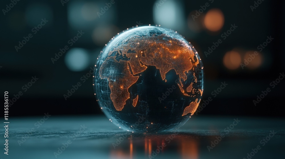 Poster stunning 3d render of a transparent globe featuring realistic maps of earth with vibrant orange and 