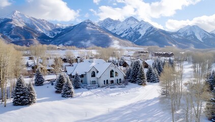 Fototapeta premium Snowy Mountain Retreat with Cozy House and Majestic Alpine Backdrop