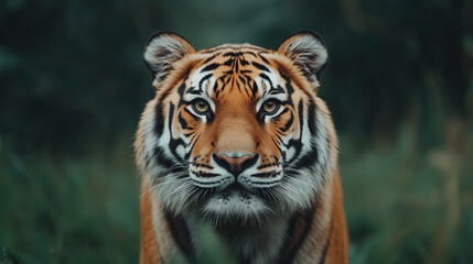 Naklejka premium Majestic tiger gazing through lush greenery