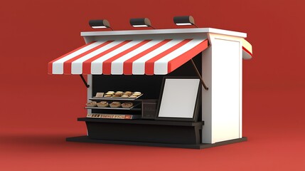 A white fabric sales tent with translucent side panels, a blank storefront sign in a bold square design, a smooth black table with a few items on display, crisp spotlight illumination, on a solid red