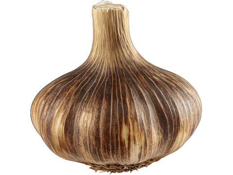 Dried brown garlic bulb with textured skin isolated on white background