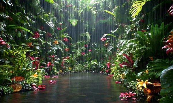 Rain forest in Olympic National Park, Washington, United States. Camera moves along path among trees overgrown with moss and bushes. HDR 4K gimbal shot