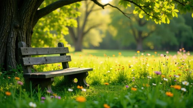 Serene wooden bench nestled beneath a tree's shade in a sunlit meadow of wildflowers