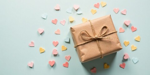 A Wrapped Gift Surrounded by Pastel Hearts on a Light Blue Background