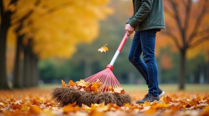 person raking colorful autumn leaves in a park