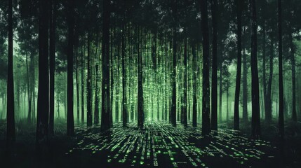 Naklejka premium Enchanted Digital Forest: Where Nature Meets Technology, a Mystical Green Digital Pathway Through a Dark Forest
