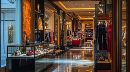 A luxurious fashion boutique interior with elegant displays, modern decor, and ambient lighting, offering a high-end shopping experience for fashion enthusiasts