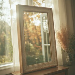 Reflective Serenity A Vintage Mirror Framed by Autumn's Glow in a Cozy Home Setting Captured from a Quiet Perspective