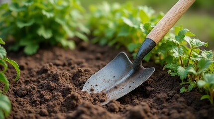 A garden spade placed in the soil near green plants, bathed in bright daylight. The spade's metal and wooden handle show detailed textures.