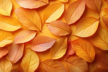 A vibrant arrangement of autumn leaves in shades of orange and yellow on a warm background.