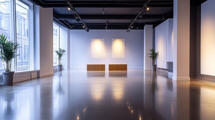 A minimalist exhibition interior with two empty stands, polished floors, and bright, even lighting, creating a clean and modern atmosphere