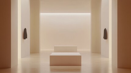 A minimalist gallery space featuring two empty exhibition stands, soft ambient lighting, and a simple, elegant layout for contemporary displays