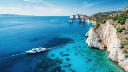 Idyllic Mediterranean cove, turquoise crystal-clear waters, white sandy beach, dramatic limestone cliffs, luxury yacht, secluded bay, sunny summer day, aerial view, Greek islands, paradise destination