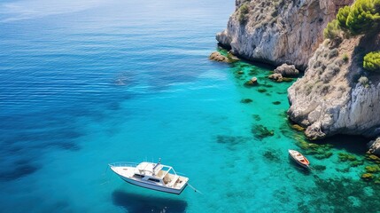 Idyllic Mediterranean cove, turquoise crystal-clear waters, white sandy beach, dramatic limestone cliffs, luxury yacht, secluded bay, sunny summer day, aerial view, Greek islands, paradise destination