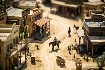 Obraz premium Cowboy Riding Horse Through Miniature Western Town