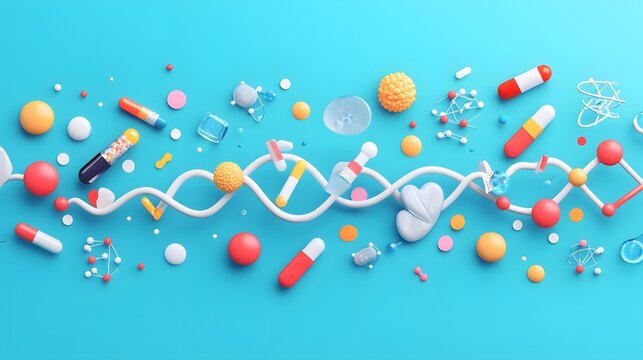 Colorful Capsules and Molecules on a Blue Background
