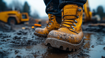 Rugged work boots in a wet and gritty construction environment.