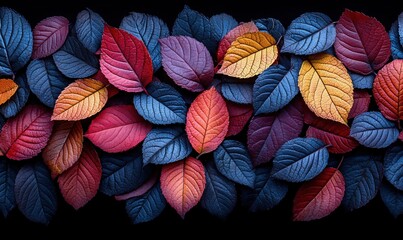 Fototapeta premium A vibrant arrangement of colorful leaves in shades of red, purple, and blue against a dark background.